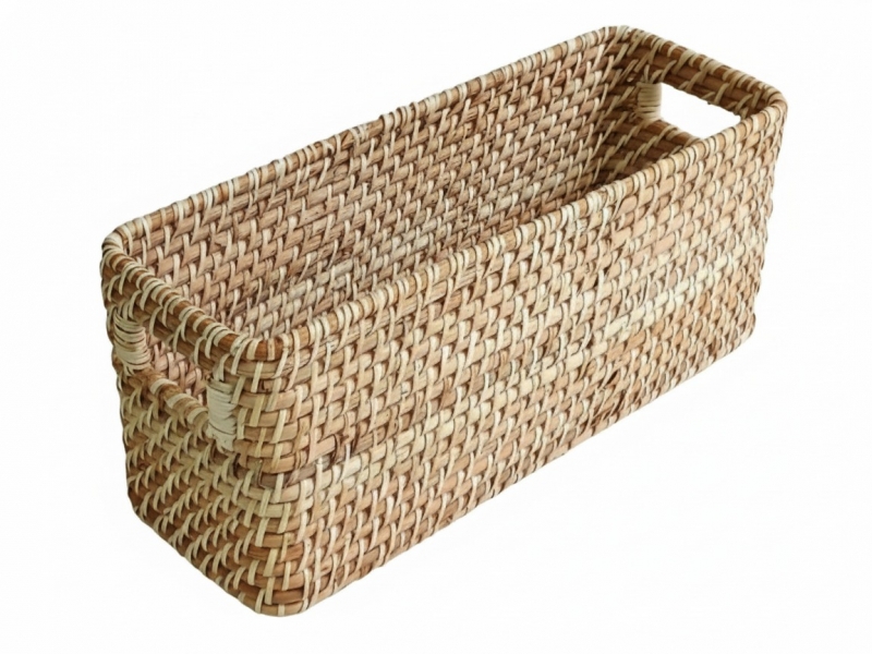 Top-tier Rectangular Rattan Bin with Integrated Handles